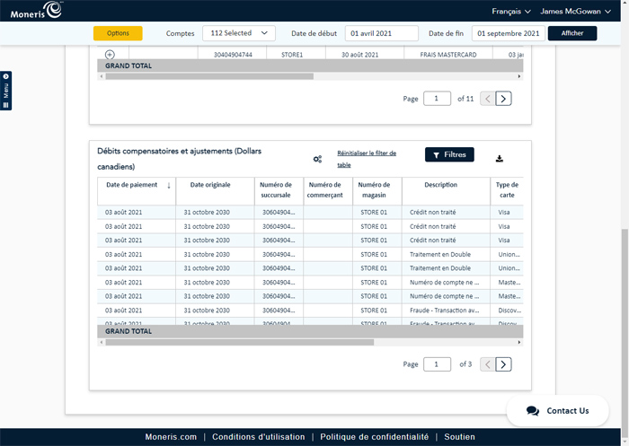 The Chargebacks and Adjustments section of the Bank Reconciliation report shows chargebacks and adjustments that occurred during the date range. 
